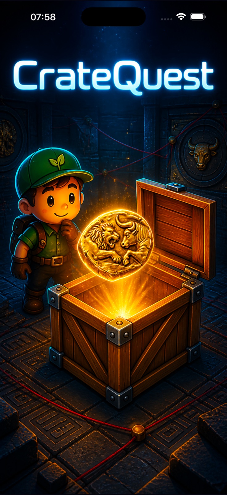 CrateQuest game scene with an adventurer, crate and treasure