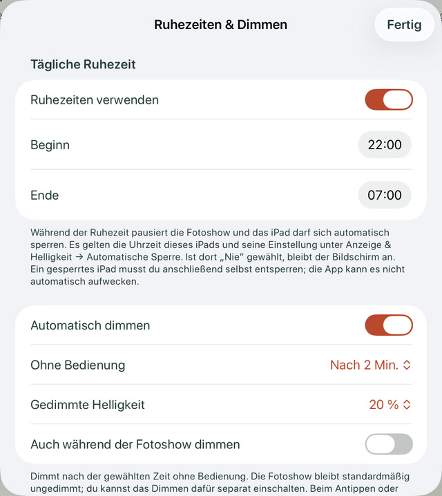 Ruhezeiten und Dimmen mit Beginn 22 Uhr, Ende 7 Uhr und aktiviertem automatischen Dimmen.