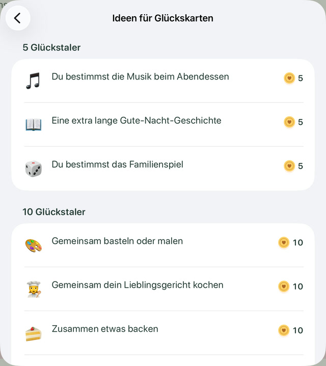 Ideen für Glückskarten, gruppiert nach 5 und 10 Glückstalern.