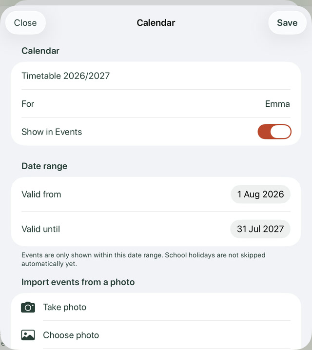 Emma’s personal timetable with its name, enabled visibility and date range.