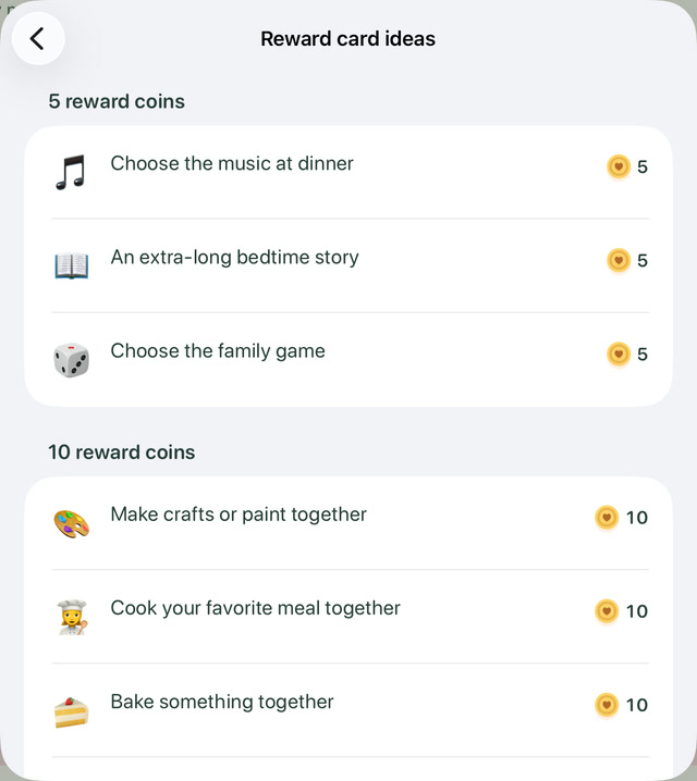 Reward card ideas grouped by 5 and 10 reward coins.