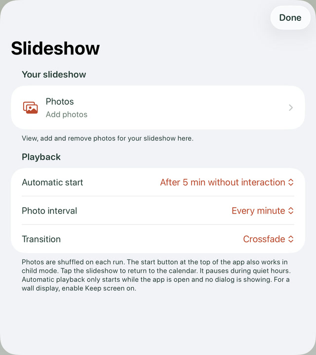 Slideshow settings showing Photos, Automatic start, Photo interval and Transition.