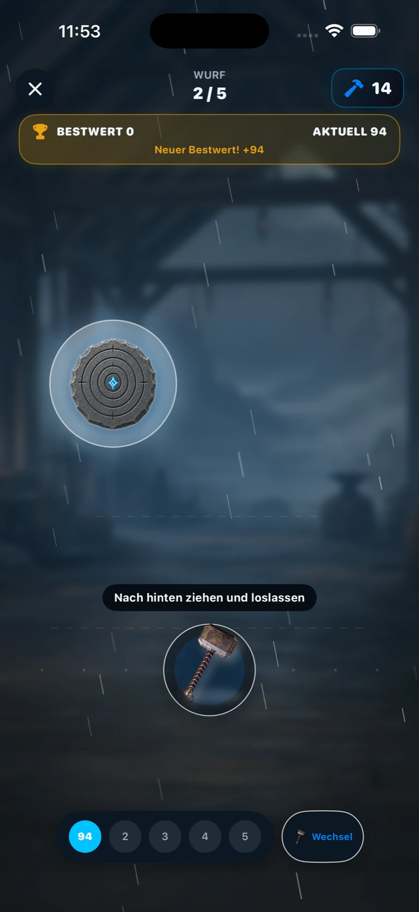 Wurf auf ein Ziel bei Regen in Hammer Toss