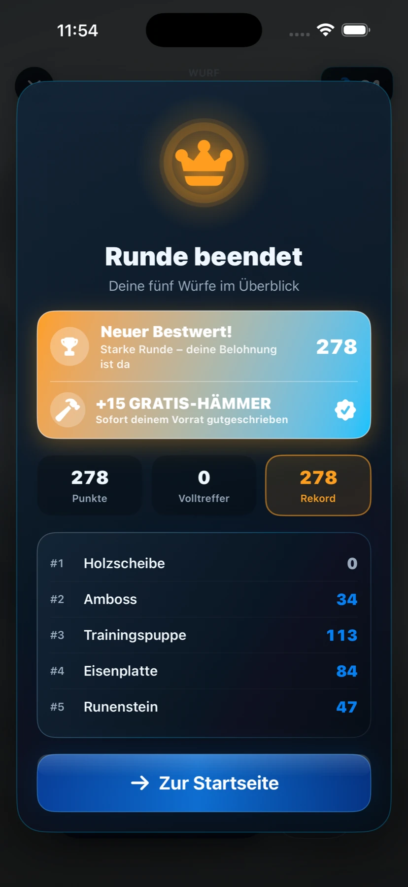 Rundenergebnis mit neuem Bestwert und Belohnung